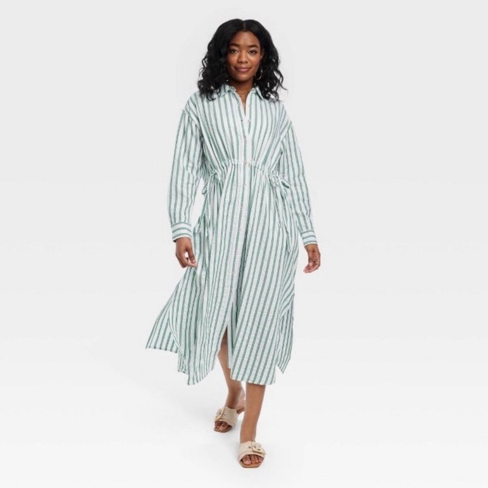 COPY - Striped Long Sleeved Green and White Tie Maxi Dress - Picture 8 of 10